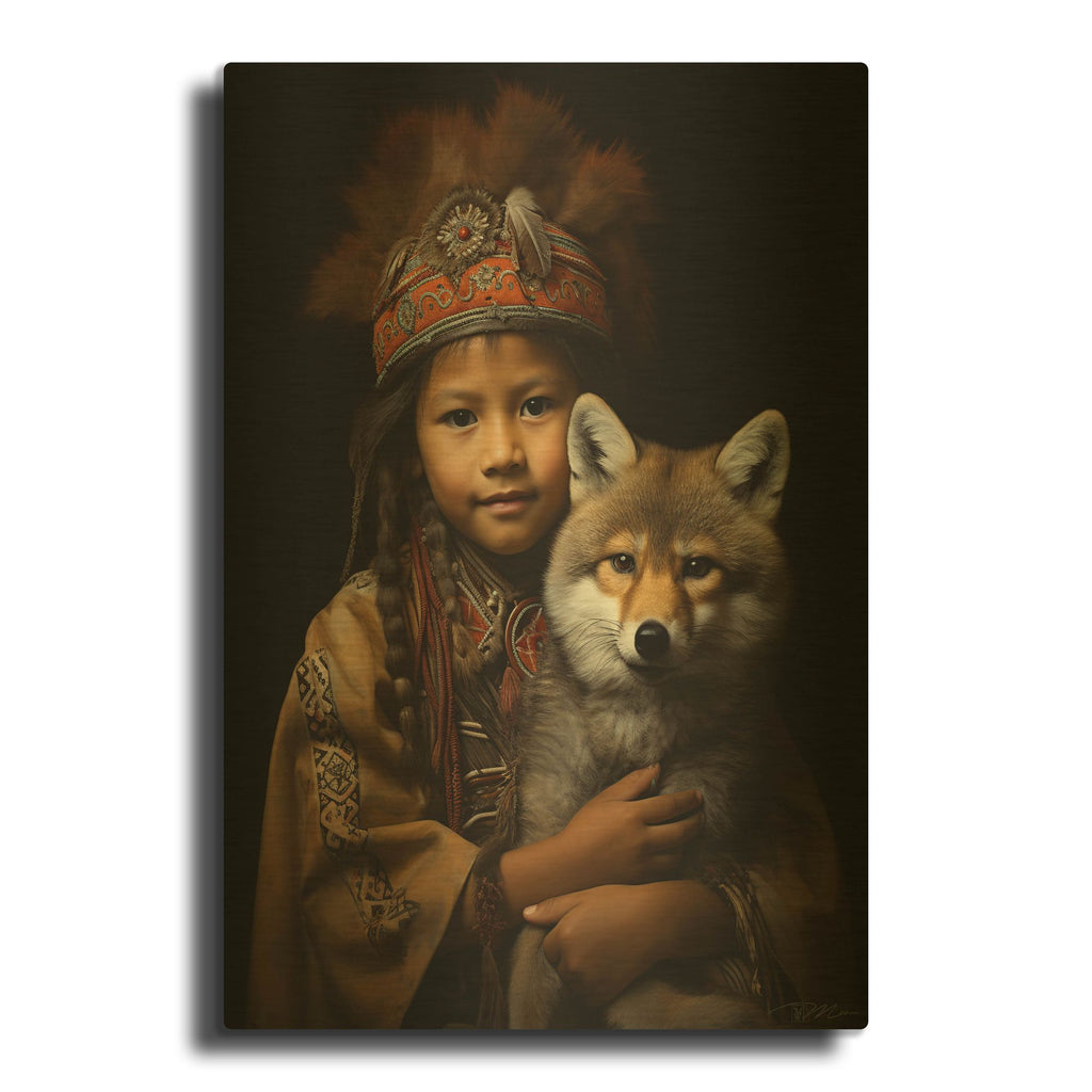 'Native American Child With Wolf Cub 2' By Momart Gold Metal Wall Art