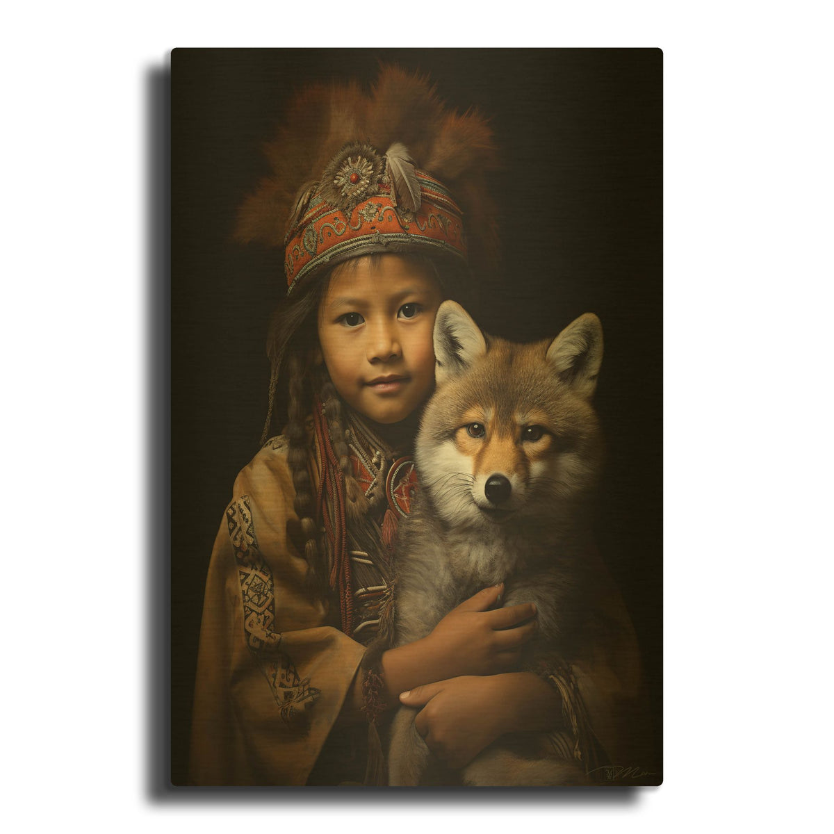 'Native American Child With Wolf Cub 2' By Momart Gold Metal Wall Art