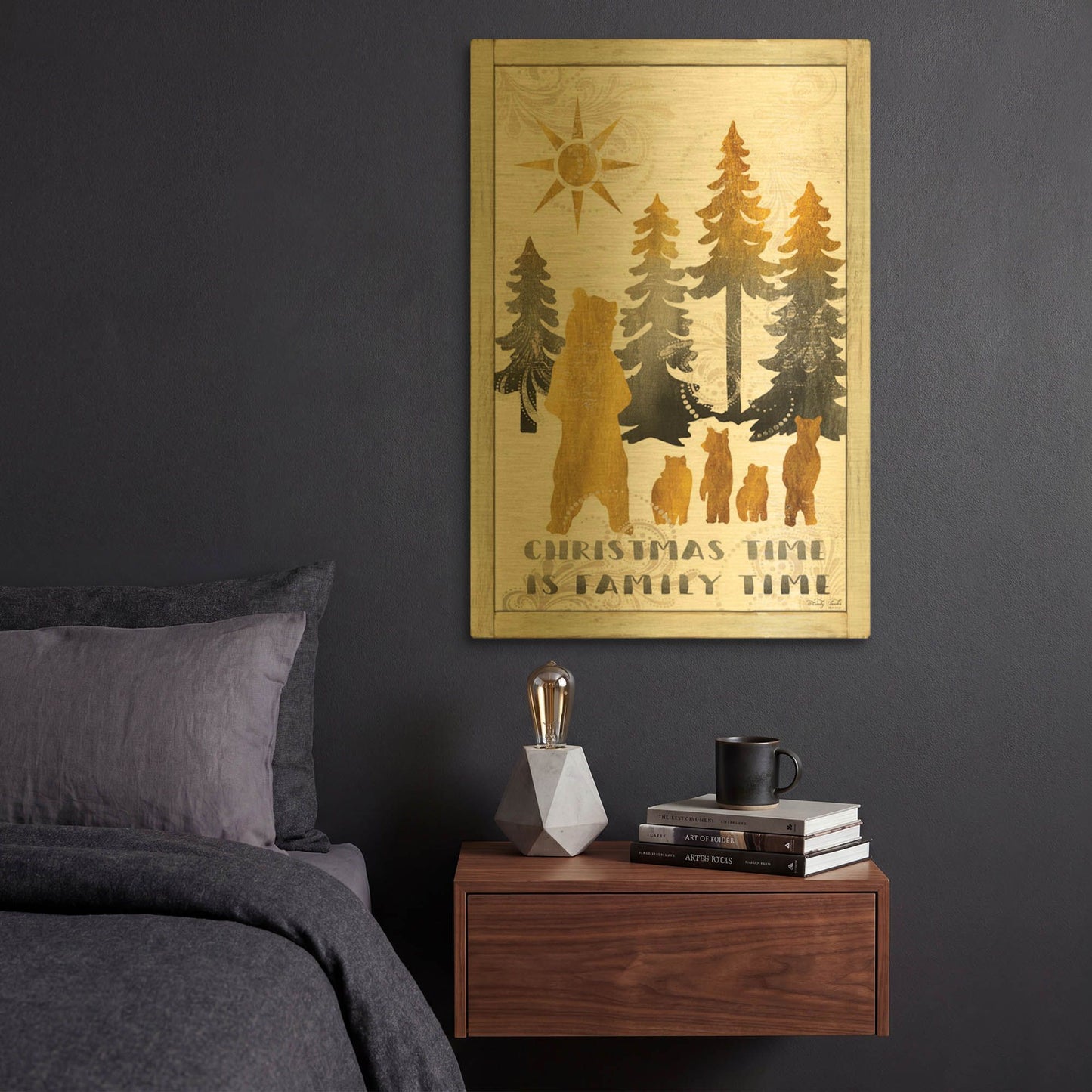 'Christmas Time is Family Time Bear Family' By Cindy Jacobs Gold Metal Wall Art