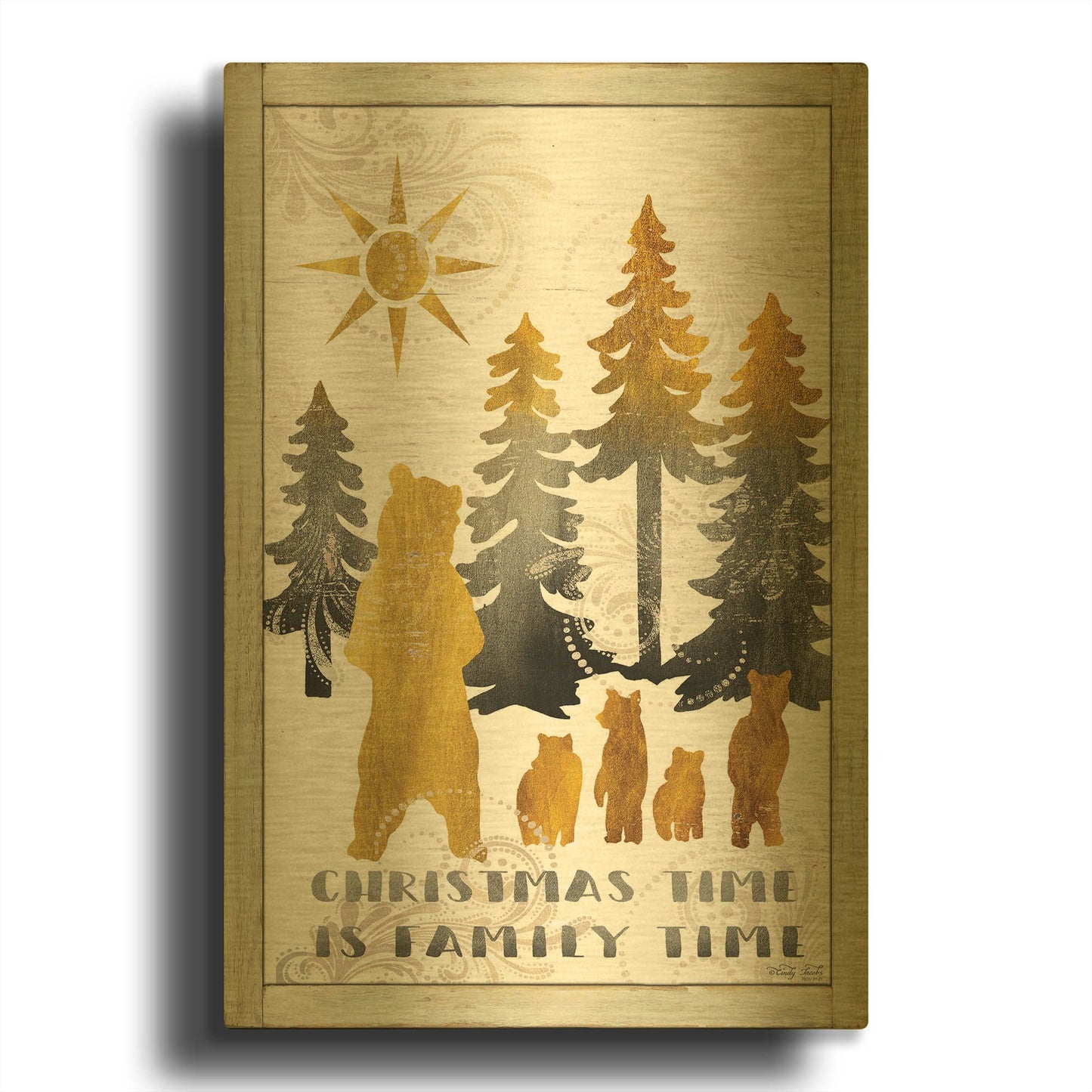 'Christmas Time is Family Time Bear Family' By Cindy Jacobs Gold Metal Wall Art