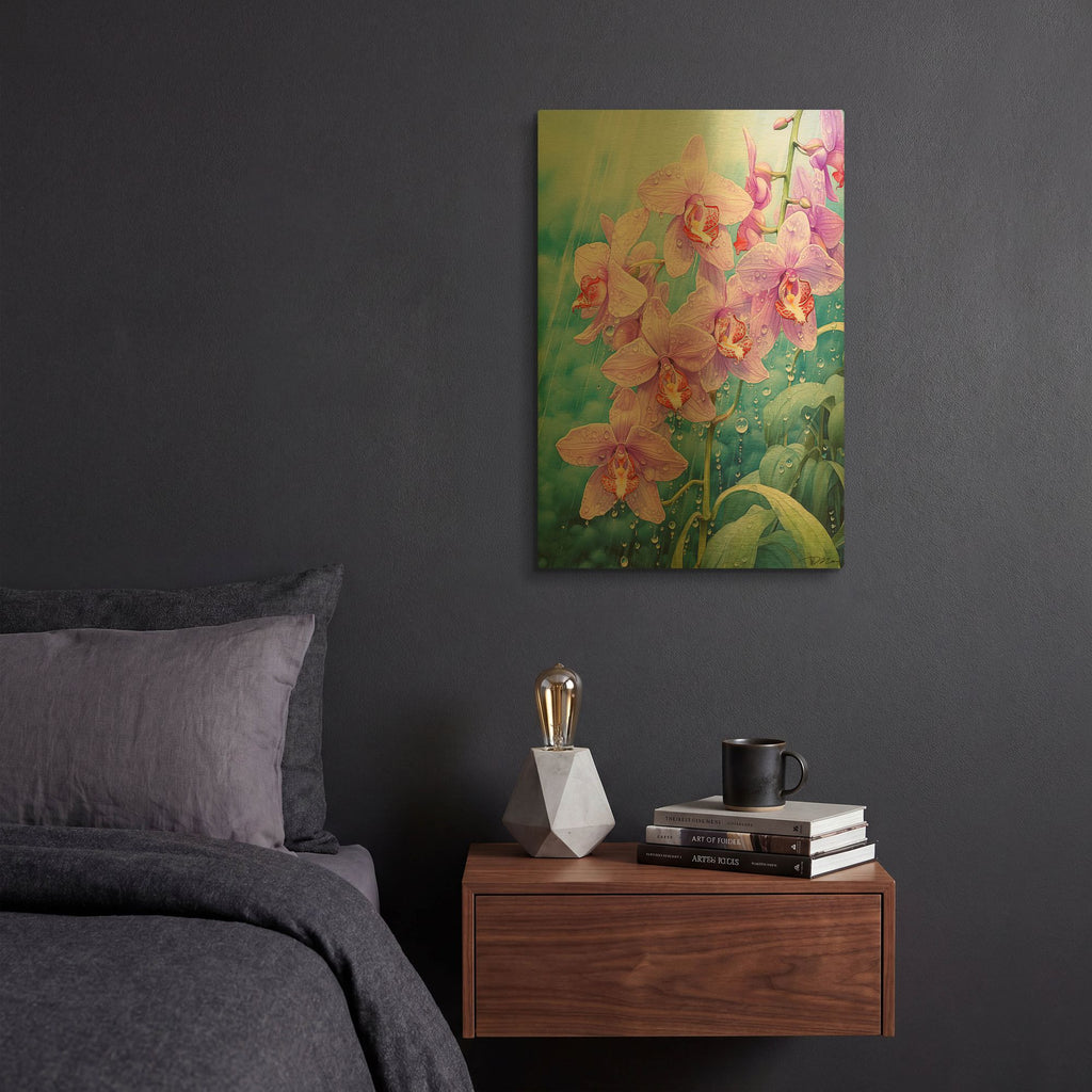 'Orchids In The Rain' By Momart Gold Metal Wall Art