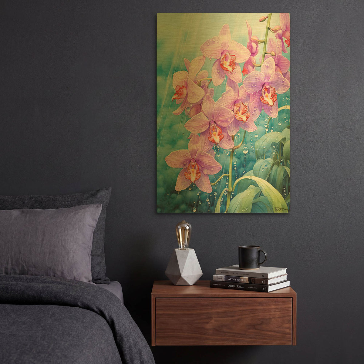 'Orchids In The Rain' By Momart Gold Metal Wall Art