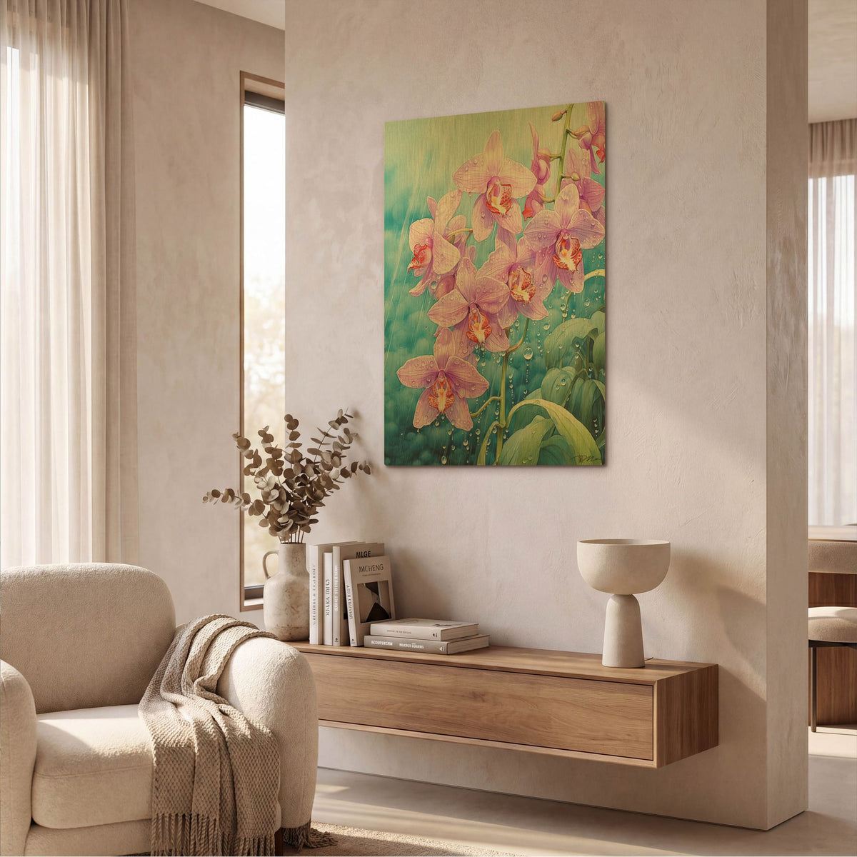 'Orchids In The Rain' By Momart Gold Metal Wall Art