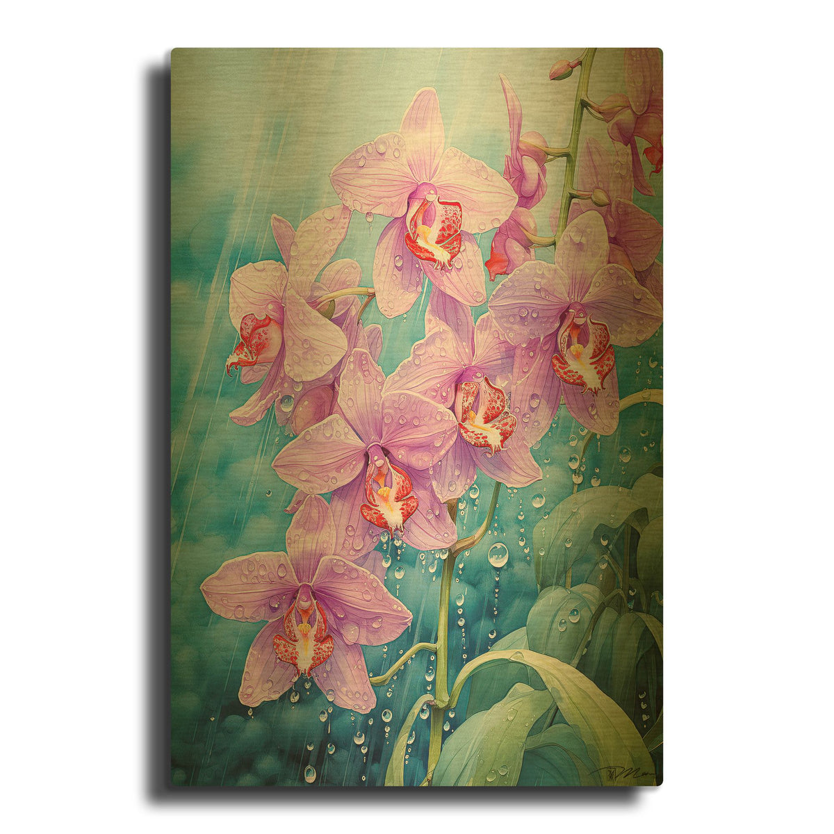 'Orchids In The Rain' By Momart Gold Metal Wall Art