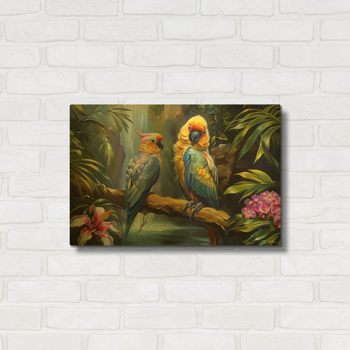 'Pair Of Parrots' By Momart Gold Metal Wall Art