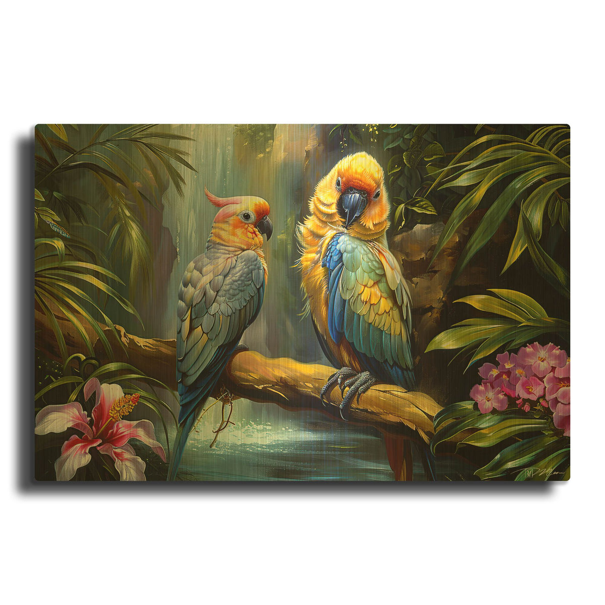 'Pair Of Parrots' By Momart Gold Metal Wall Art