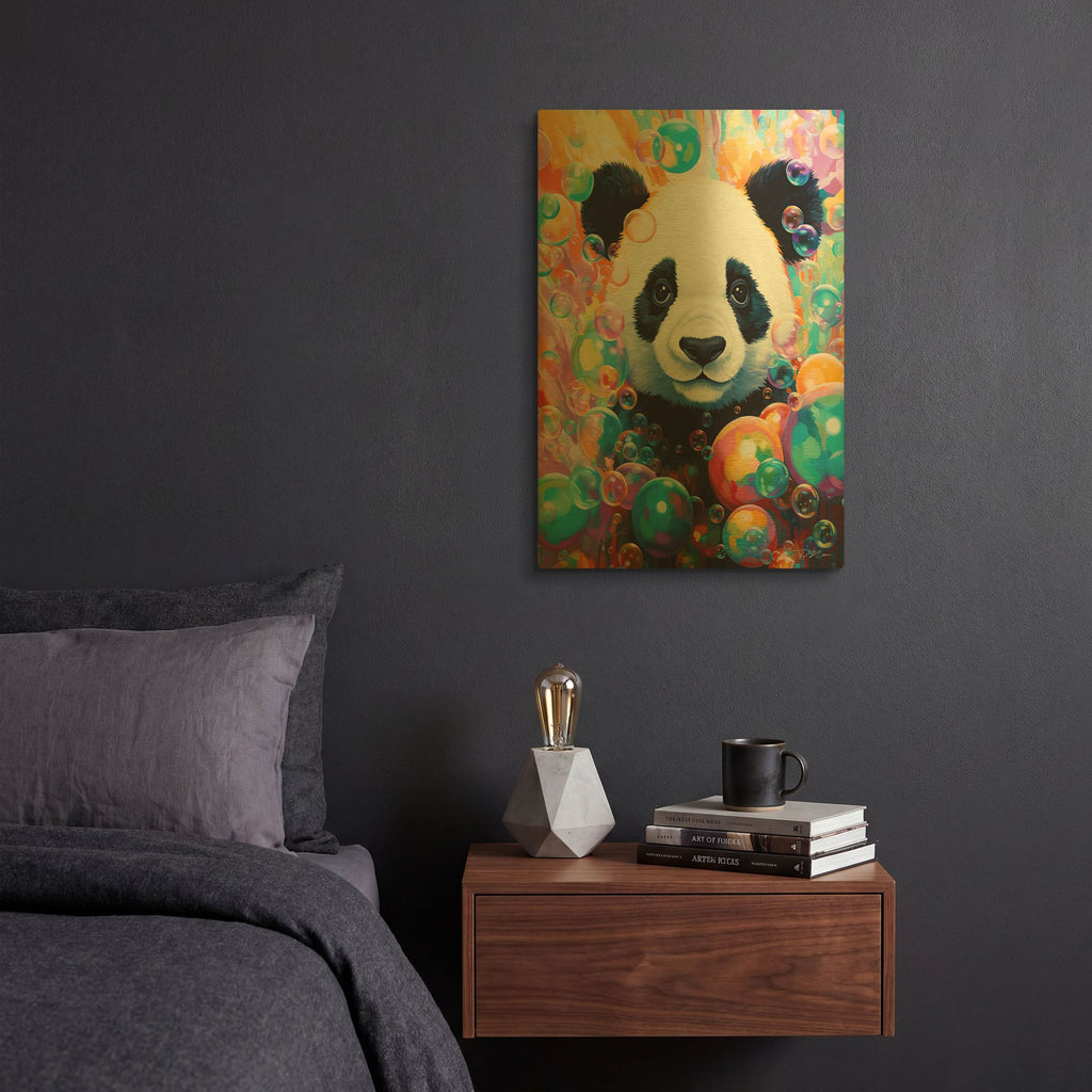 'Panda And Bubbles' By Momart Gold Metal Wall Art