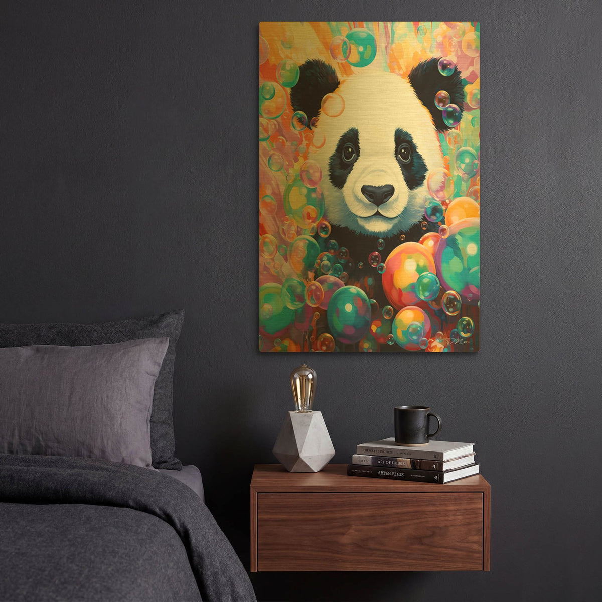 'Panda And Bubbles' By Momart Gold Metal Wall Art