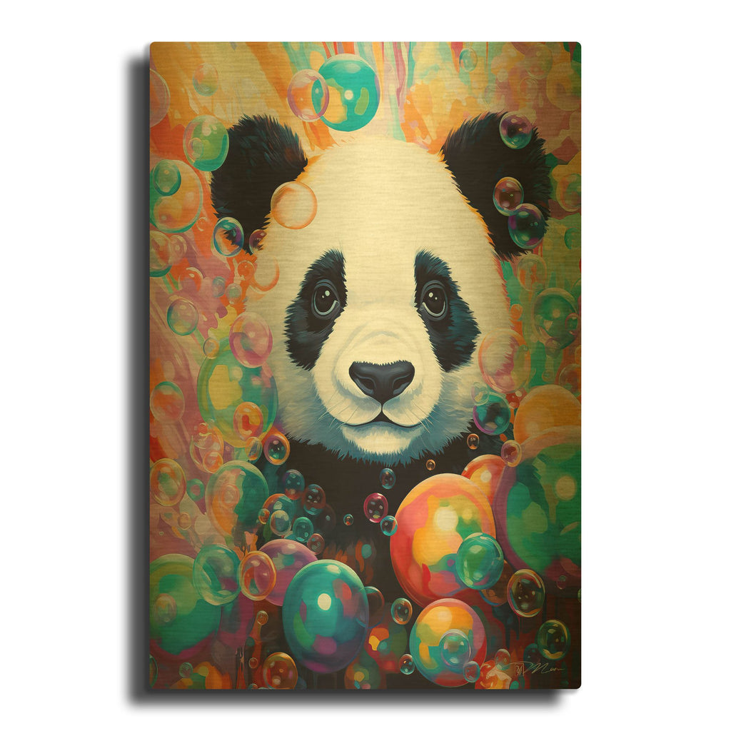 'Panda And Bubbles' By Momart Gold Metal Wall Art