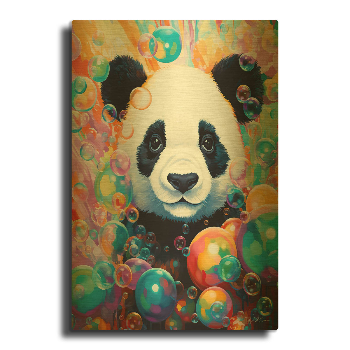 'Panda And Bubbles' By Momart Gold Metal Wall Art