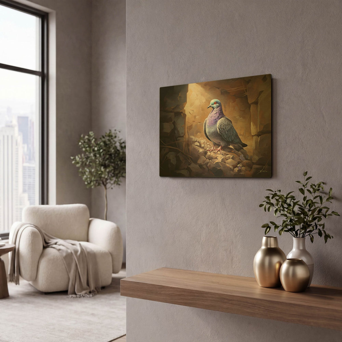 'Pigeon Inside The Wall' By Momart Gold Metal Wall Art