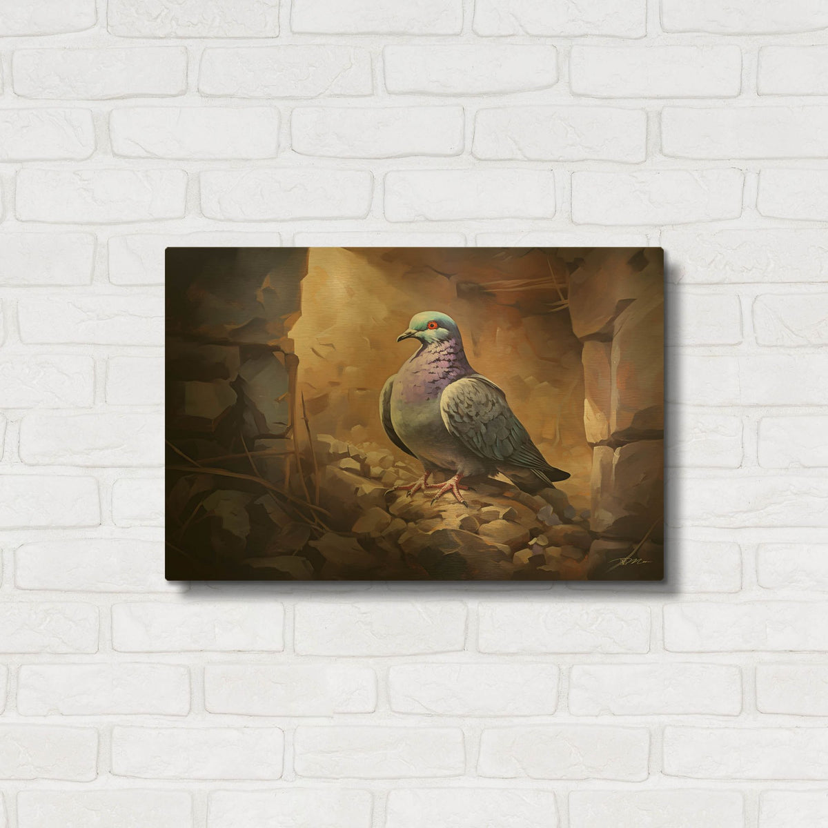 'Pigeon Inside The Wall' By Momart Gold Metal Wall Art