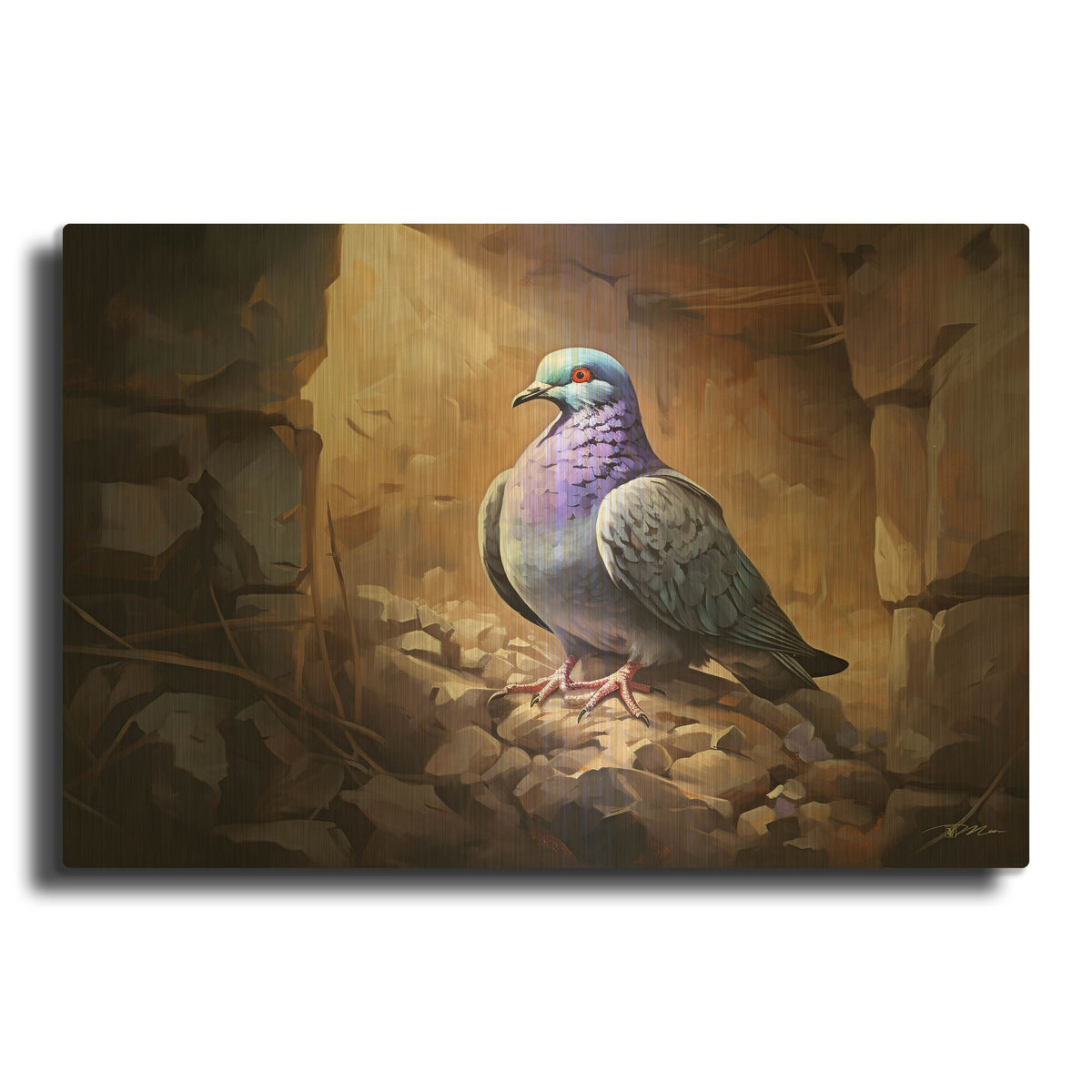 'Pigeon Inside The Wall' By Momart Gold Metal Wall Art