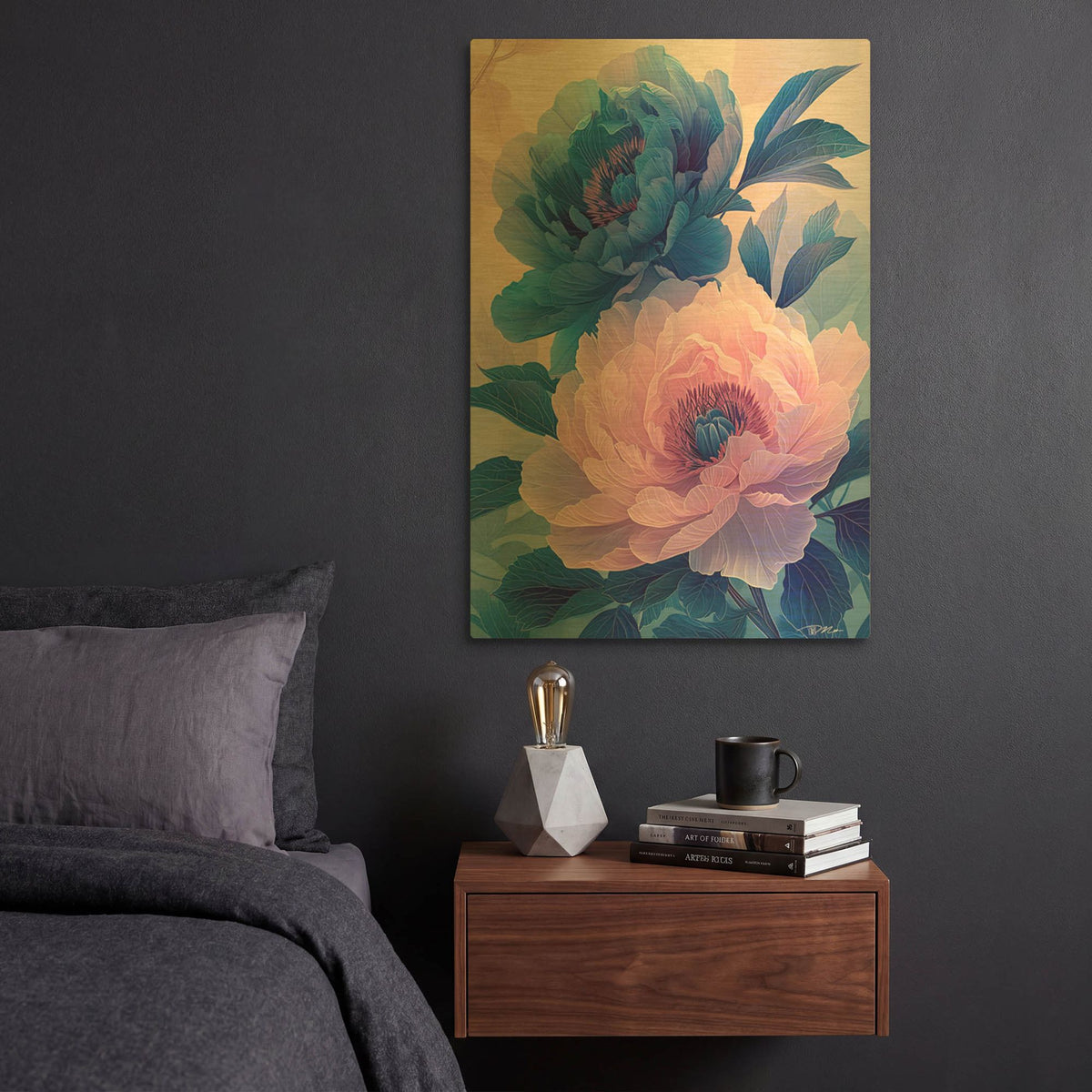'Pink And Blue Peony' By Momart Gold Metal Wall Art
