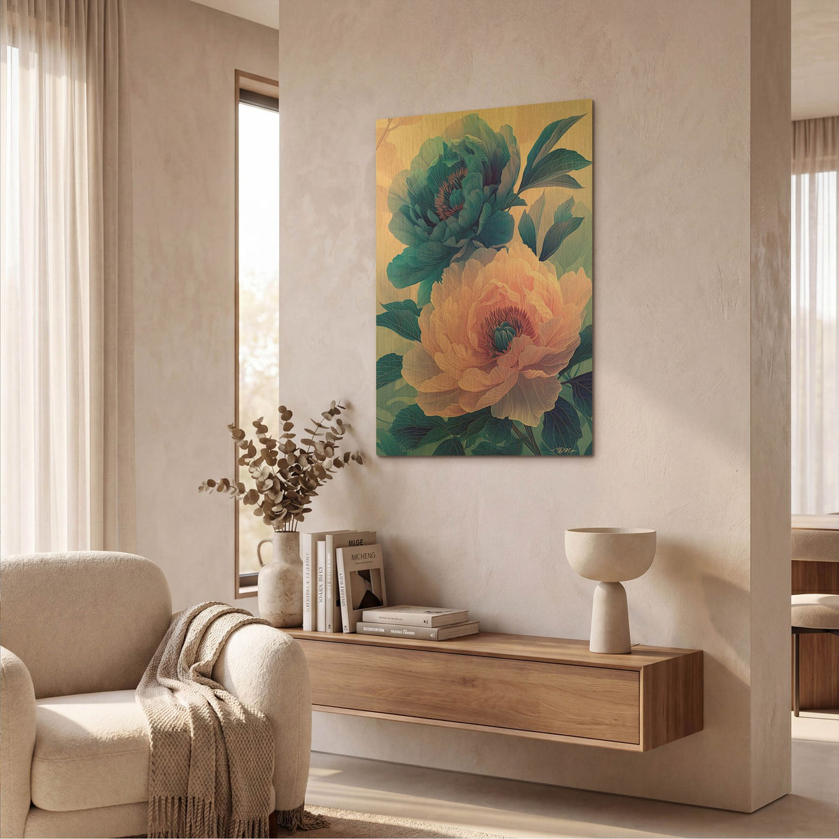 'Pink And Blue Peony' By Momart Gold Metal Wall Art