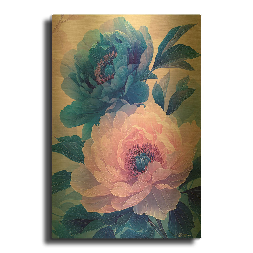 'Pink And Blue Peony' By Momart Gold Metal Wall Art