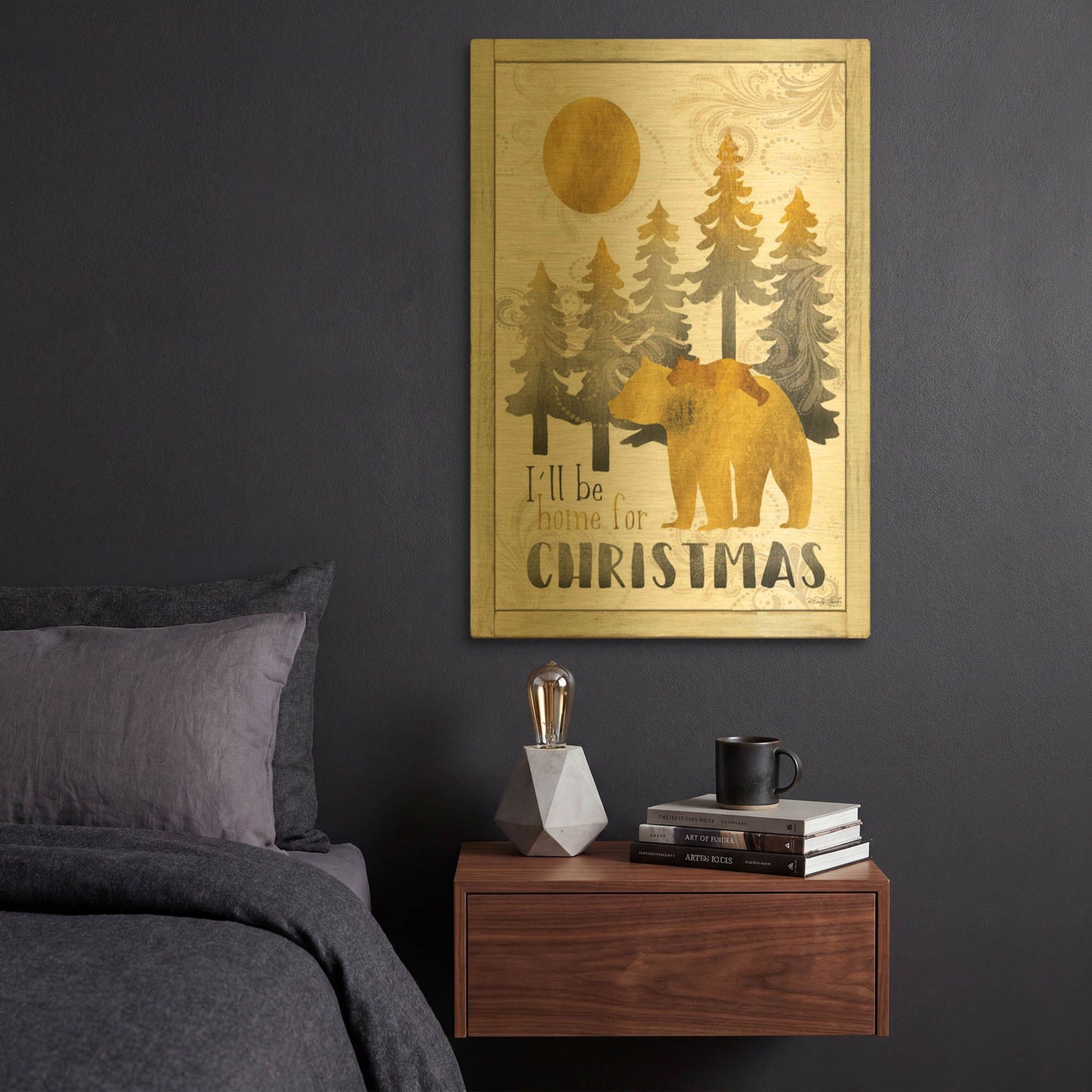 'Merry Christmas and Happy New Year Bear Family' By Cindy Jacobs Gold Metal Wall Art