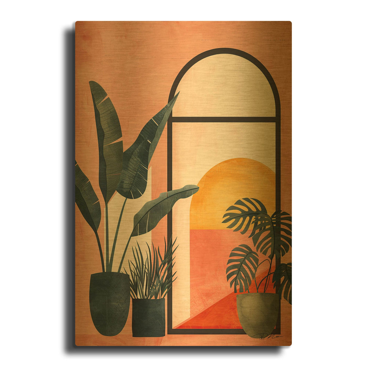 'Pink Midcentury Original Exclusive Geometric Moon And Sun 3' By Momart Gold Metal Wall Art