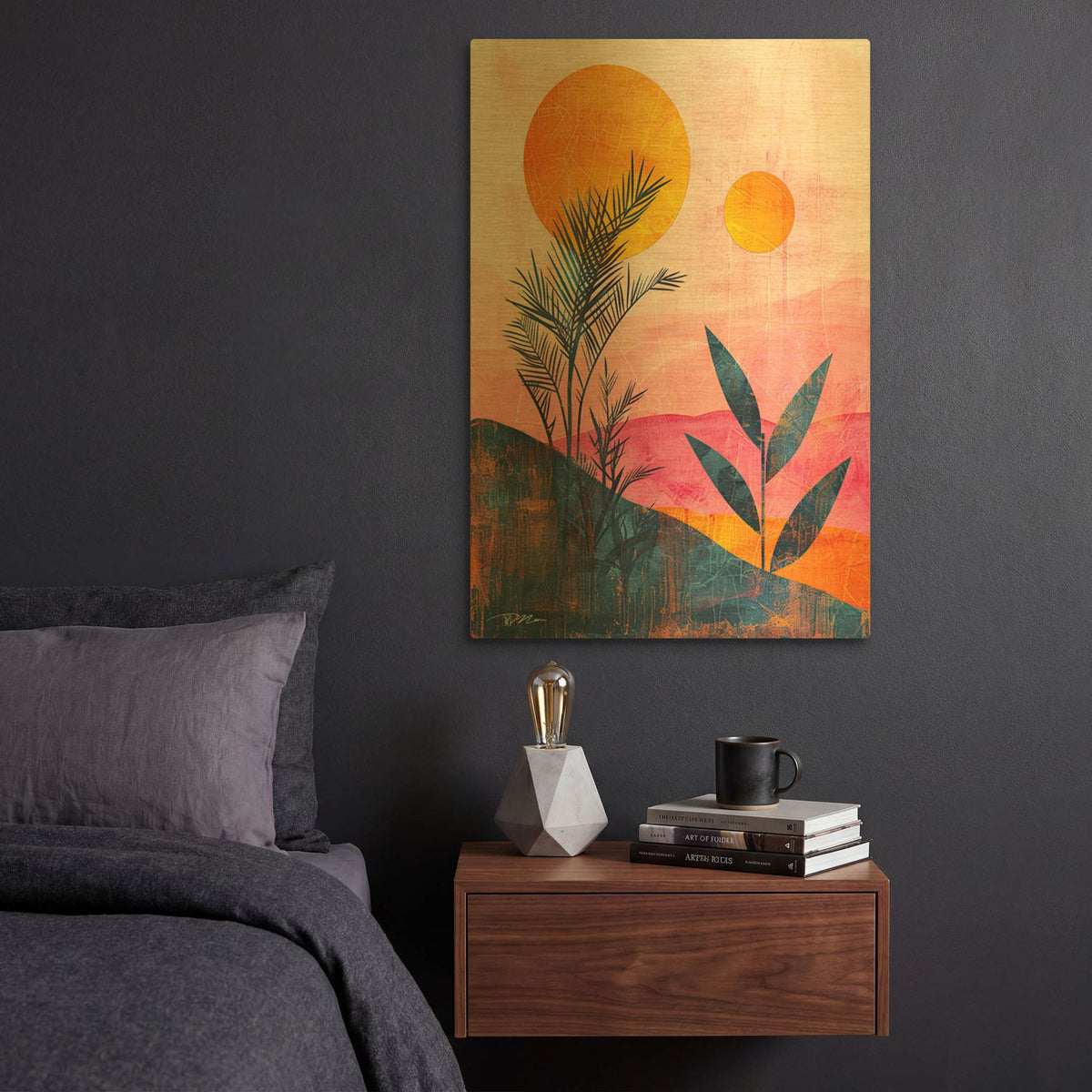 'Pink Midcentury Original Exclusive Geometric Moon And Sun 4' By Momart Gold Metal Wall Art