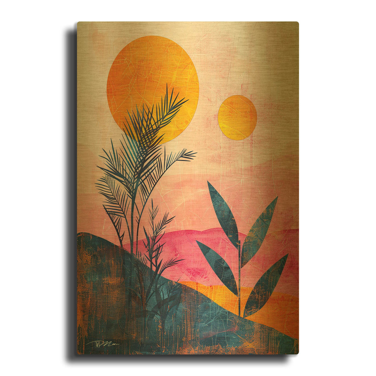 'Pink Midcentury Original Exclusive Geometric Moon And Sun 4' By Momart Gold Metal Wall Art