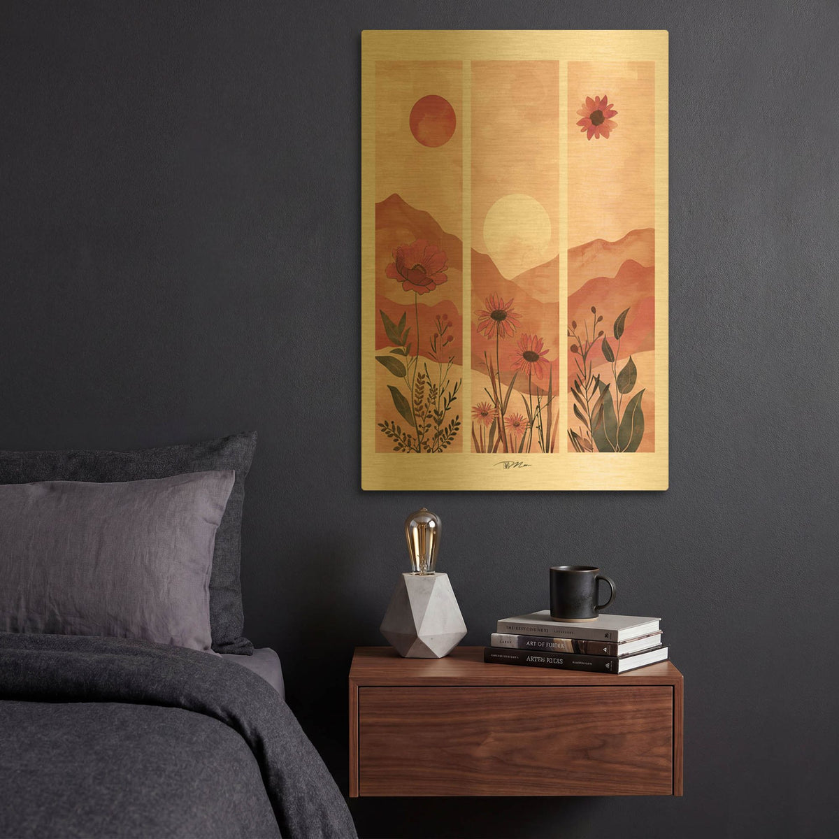 'Pink Midcentury Original Exclusive Geometric Moon And Sun 8' By Momart Gold Metal Wall Art