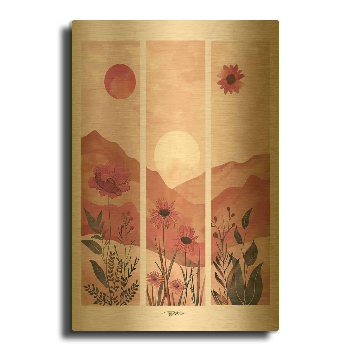 'Pink Midcentury Original Exclusive Geometric Moon And Sun 8' By Momart Gold Metal Wall Art