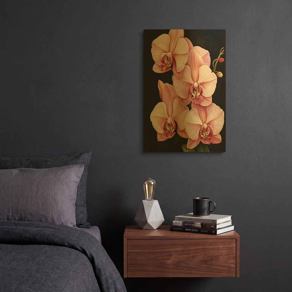 'Pink Orchids On A Black Background' By Momart Gold Metal Wall Art