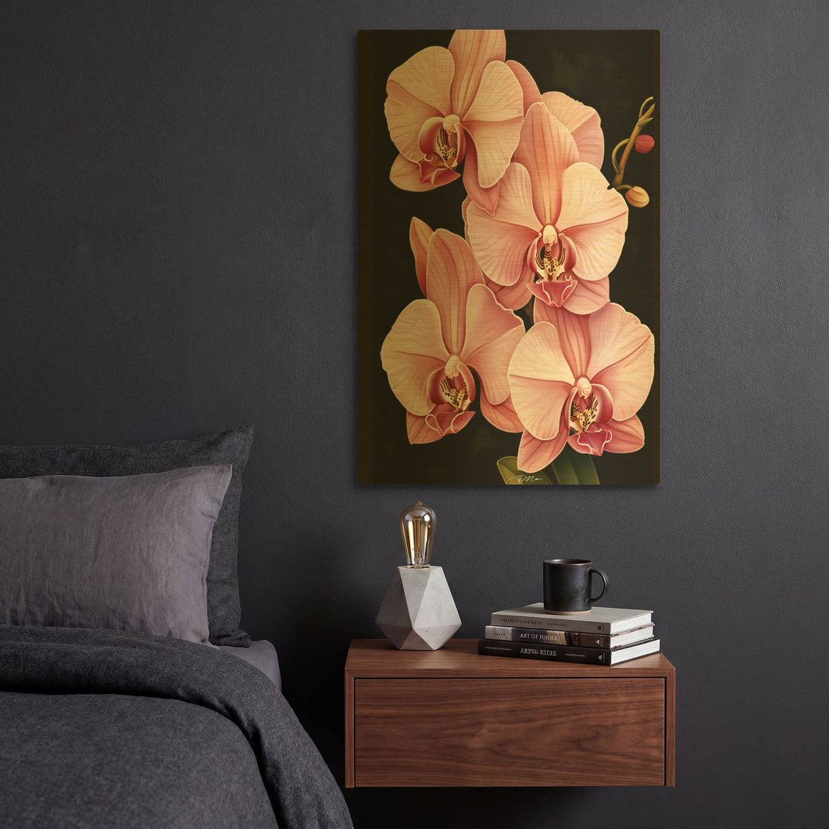 'Pink Orchids On A Black Background' By Momart Gold Metal Wall Art