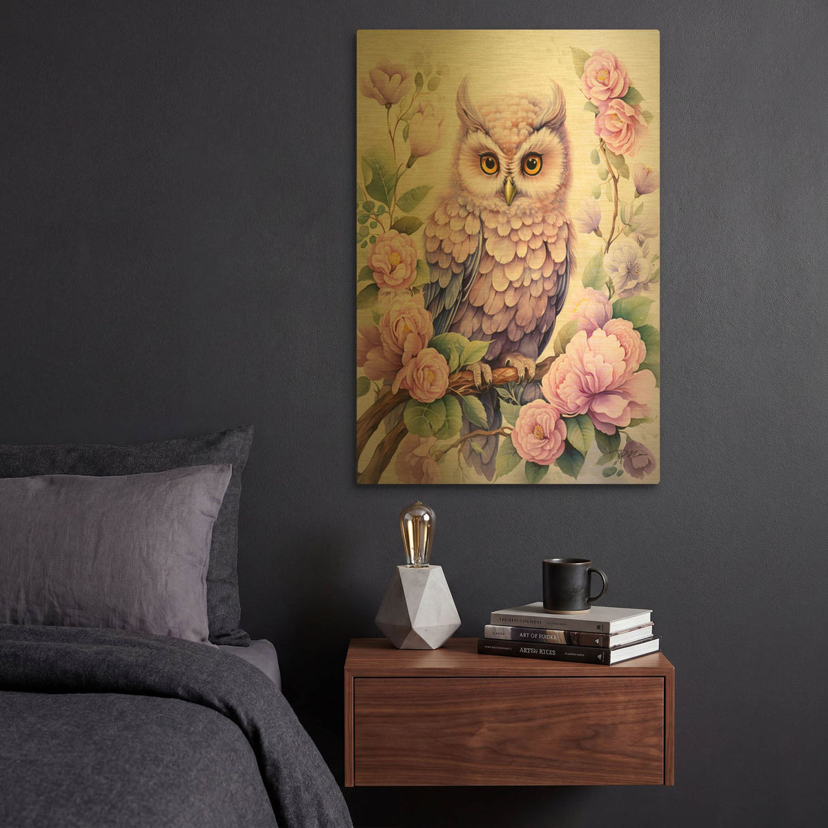 'Pink Owl' By Momart Gold Metal Wall Art