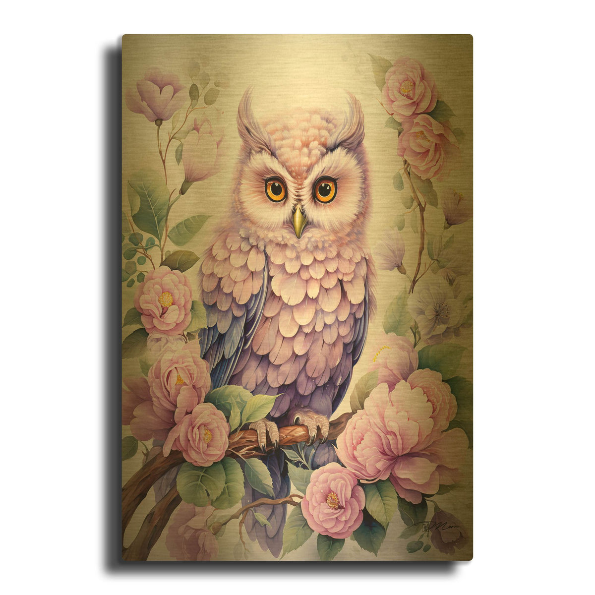'Pink Owl' By Momart Gold Metal Wall Art