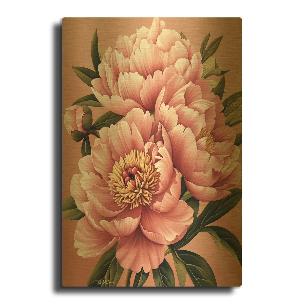 'Pink Peonies' By Momart Gold Metal Wall Art
