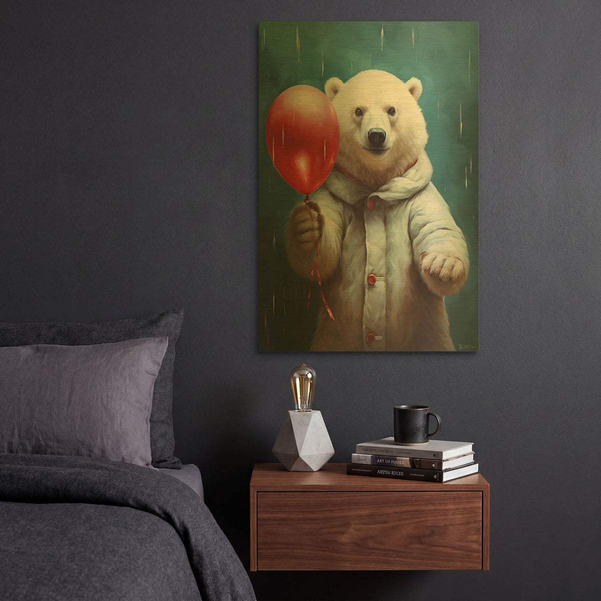'Polar Bear With Red Balloon' By Momart Gold Metal Wall Art