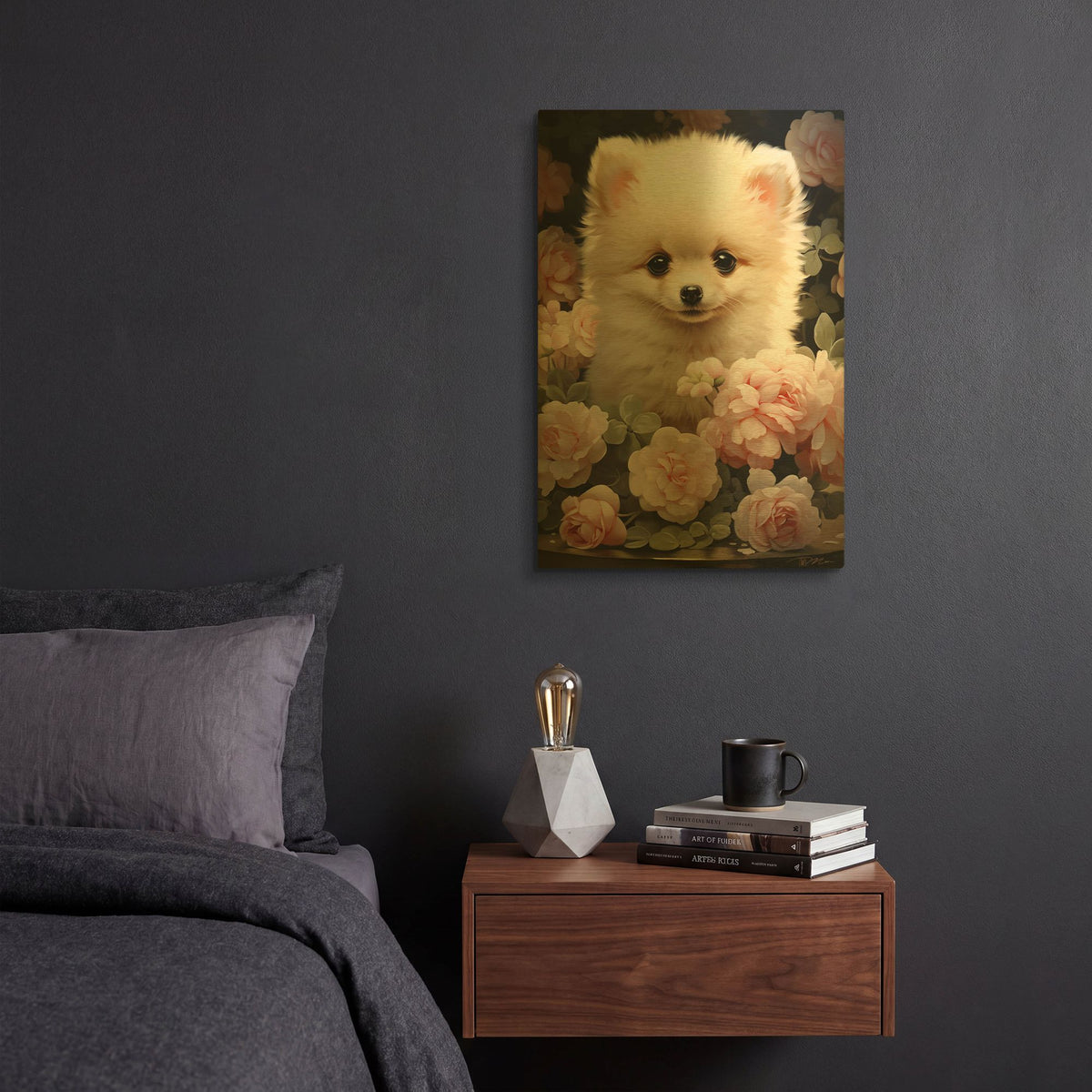 'Pomeranian Among The Roses' By Momart Gold Metal Wall Art