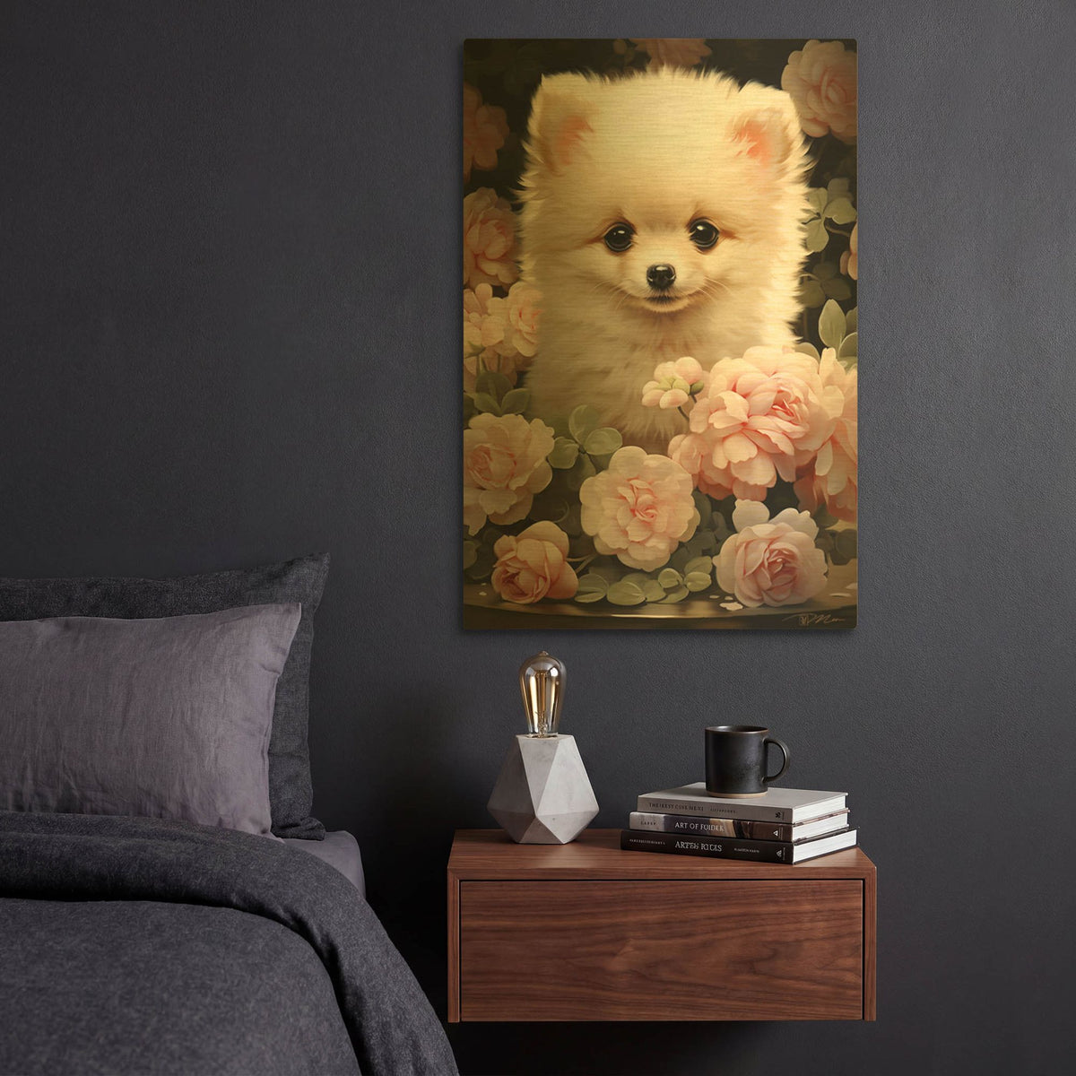 'Pomeranian Among The Roses' By Momart Gold Metal Wall Art