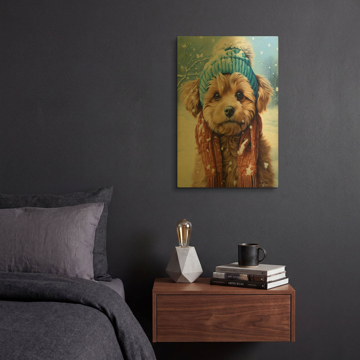 'Portrait Of A Little Dog With Scarf And Wool Hat' By Momart Gold Metal Wall Art