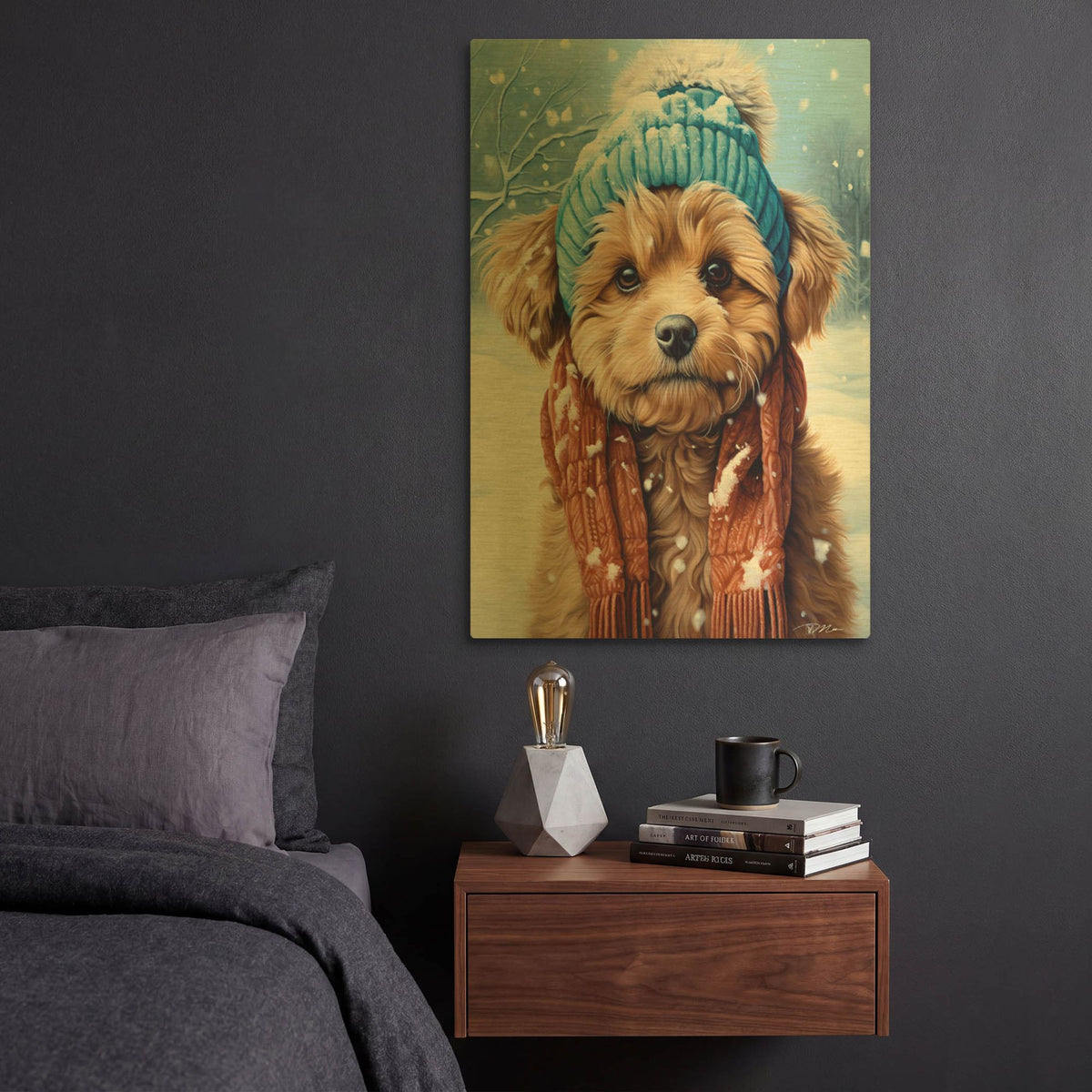 'Portrait Of A Little Dog With Scarf And Wool Hat' By Momart Gold Metal Wall Art