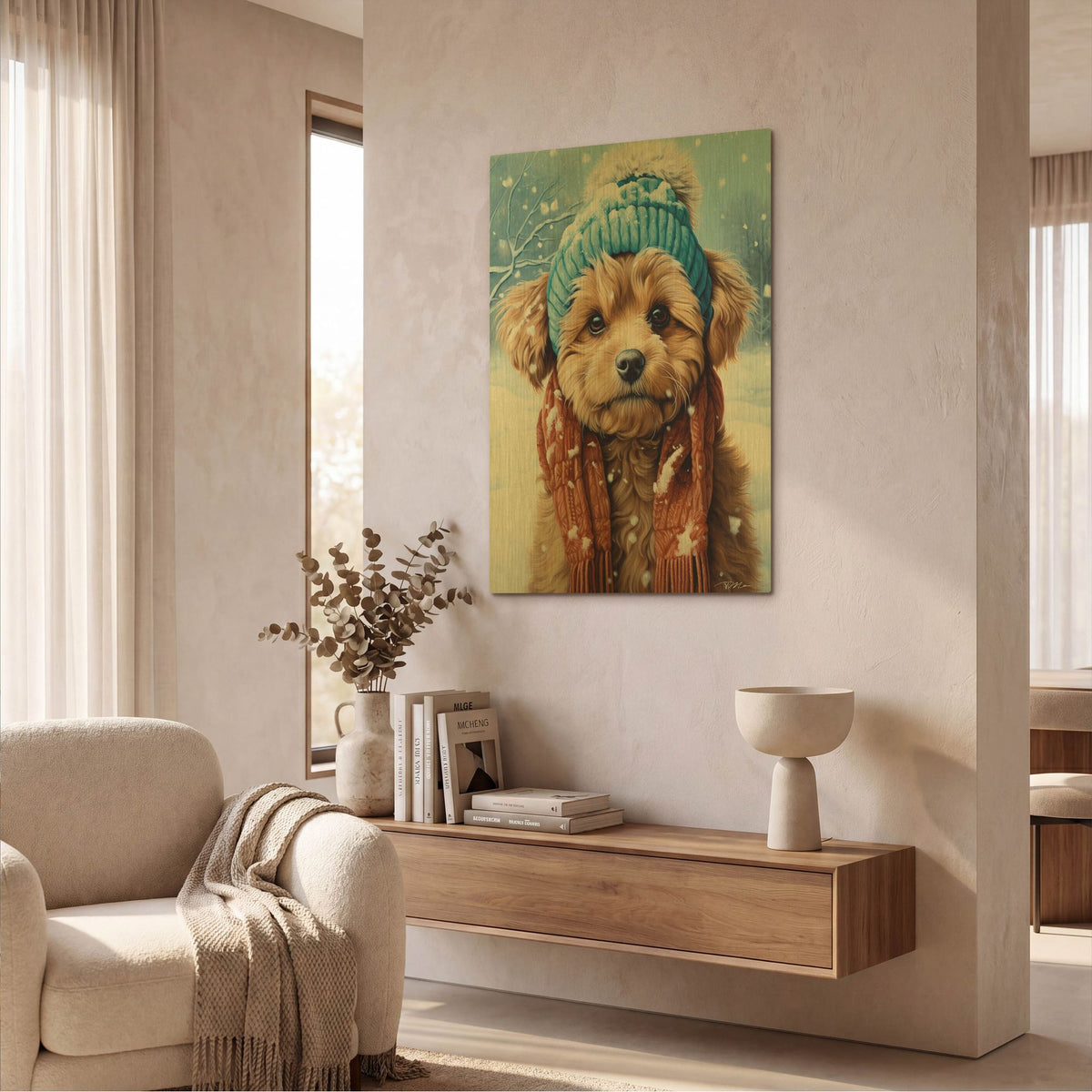 'Portrait Of A Little Dog With Scarf And Wool Hat' By Momart Gold Metal Wall Art