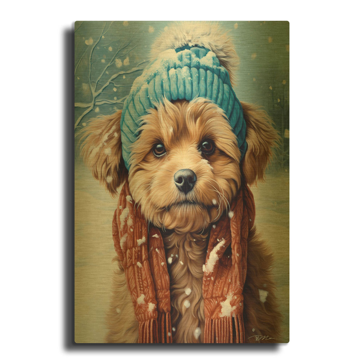 'Portrait Of A Little Dog With Scarf And Wool Hat' By Momart Gold Metal Wall Art