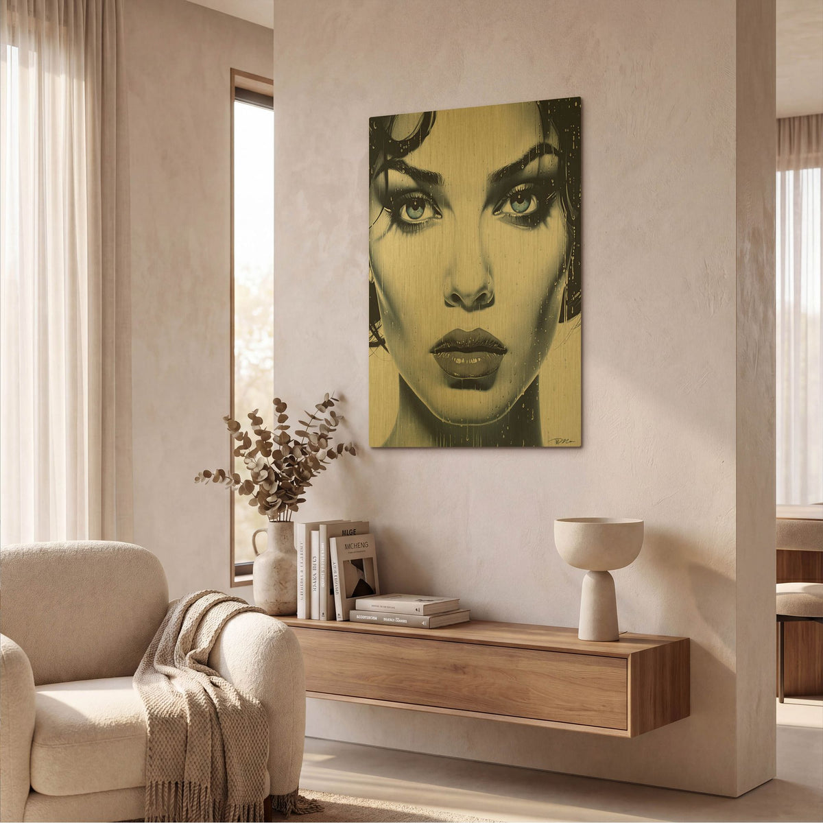 'Portrait Woman In Lithography' By Momart Gold Metal Wall Art
