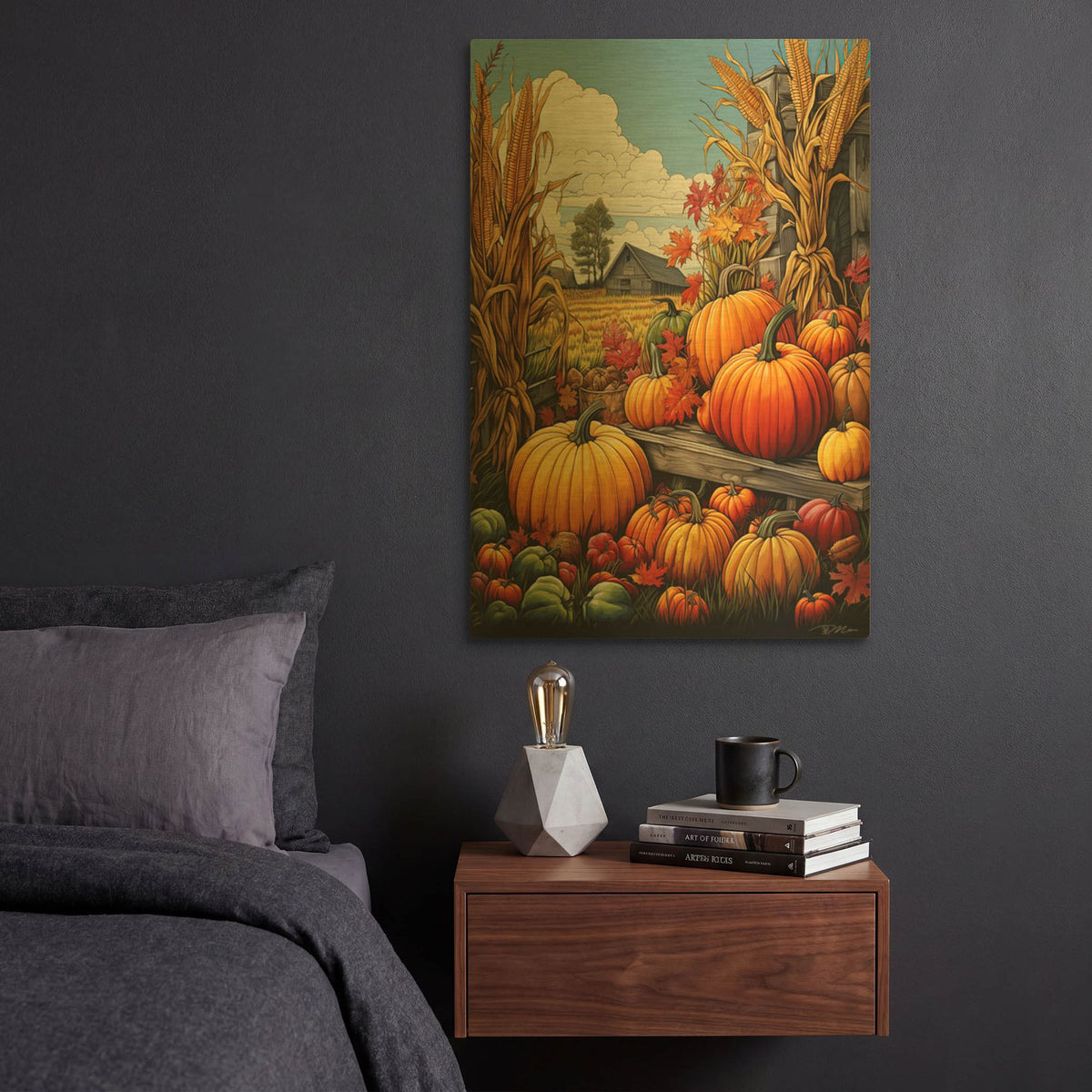 'Pumpkins And Corn' By Momart Gold Metal Wall Art
