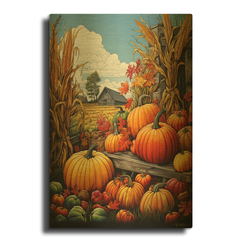 'Pumpkins And Corn' By Momart Gold Metal Wall Art