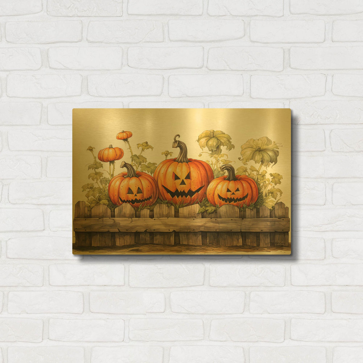 'Pumpkins Behind The Fence' By Momart Gold Metal Wall Art