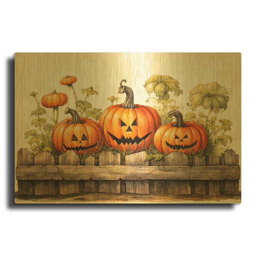 'Pumpkins Behind The Fence' By Momart Gold Metal Wall Art
