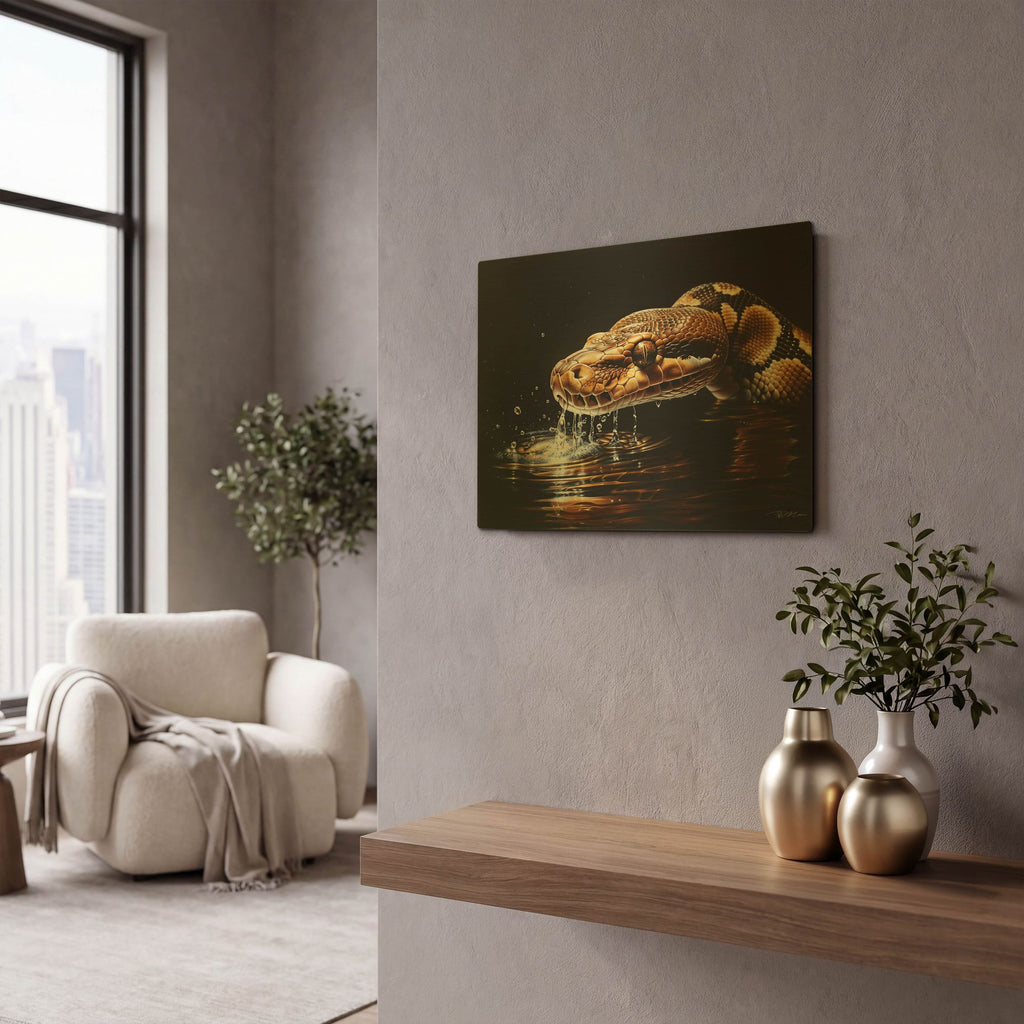 'Python Reticulated In Water In Ambush 2' By Momart Gold Metal Wall Art
