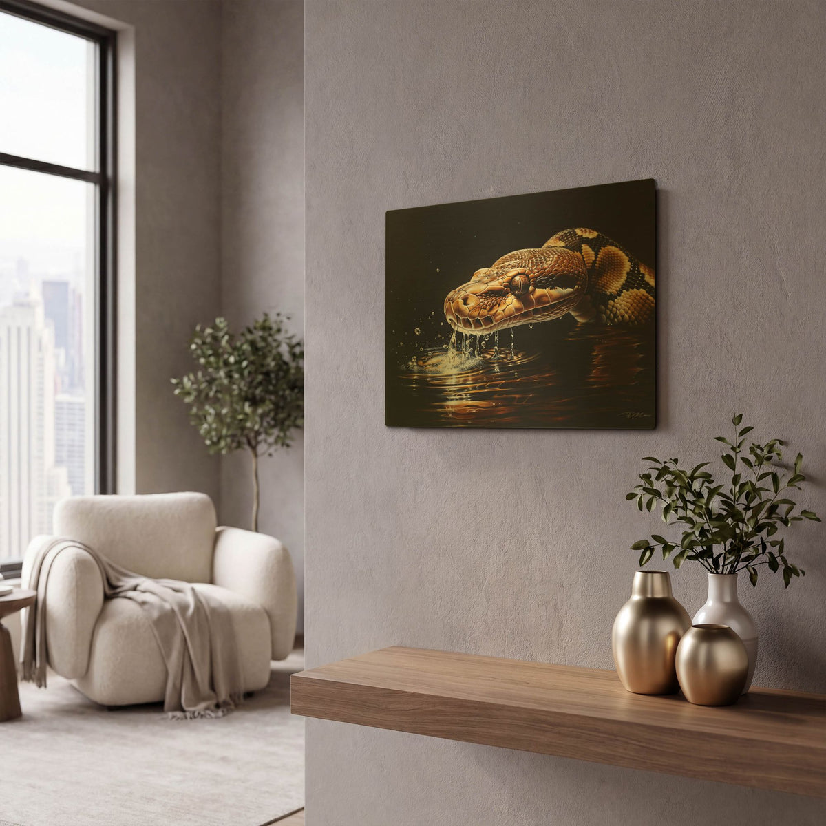 'Python Reticulated In Water In Ambush 2' By Momart Gold Metal Wall Art
