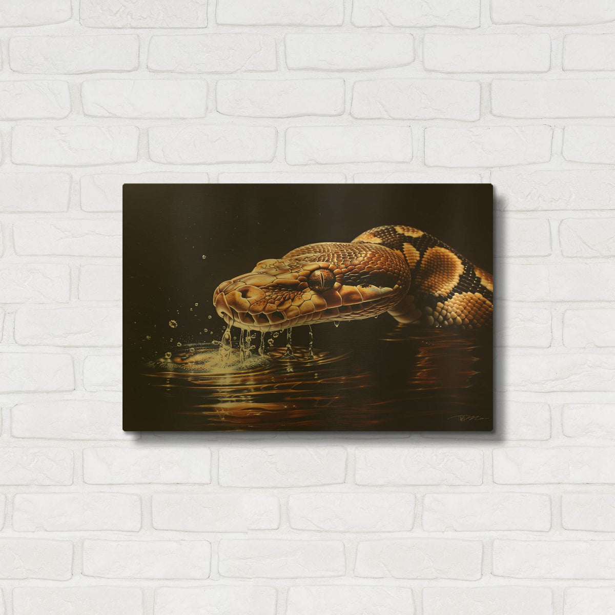 'Python Reticulated In Water In Ambush 2' By Momart Gold Metal Wall Art
