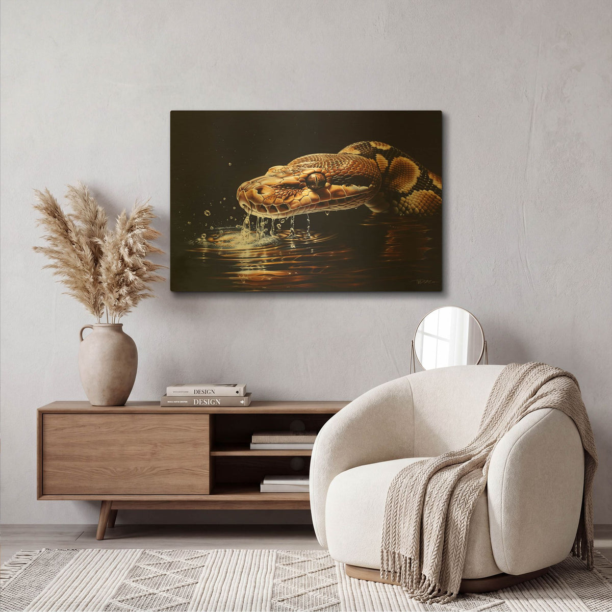 'Python Reticulated In Water In Ambush 2' By Momart Gold Metal Wall Art