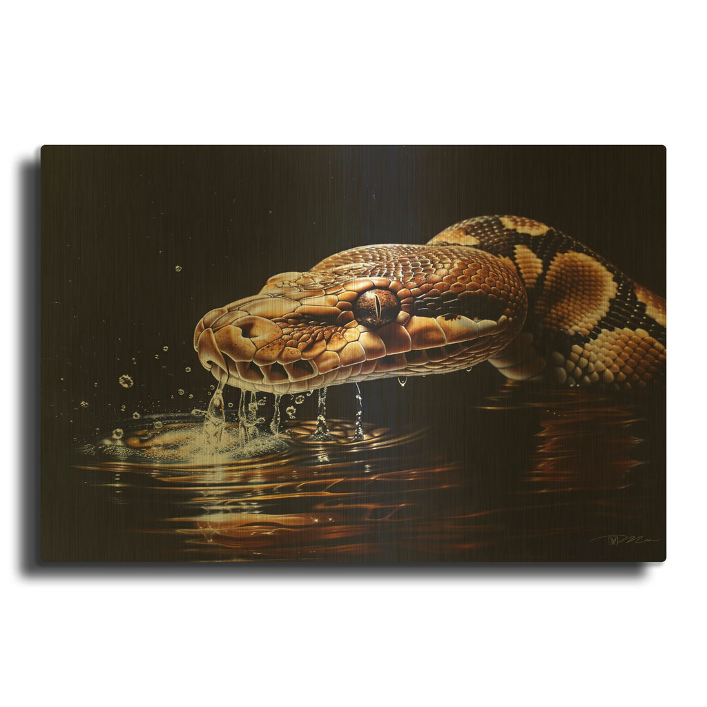 'Python Reticulated In Water In Ambush 2' By Momart Gold Metal Wall Art