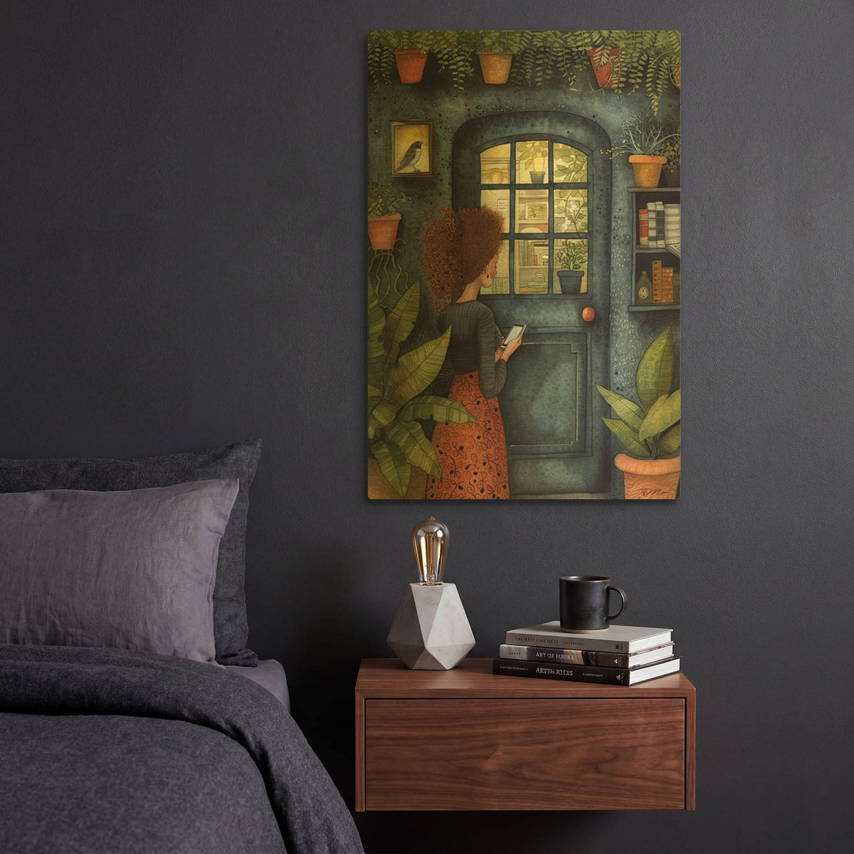 'Redhead Woman At Door 1' By Momart Gold Metal Wall Art