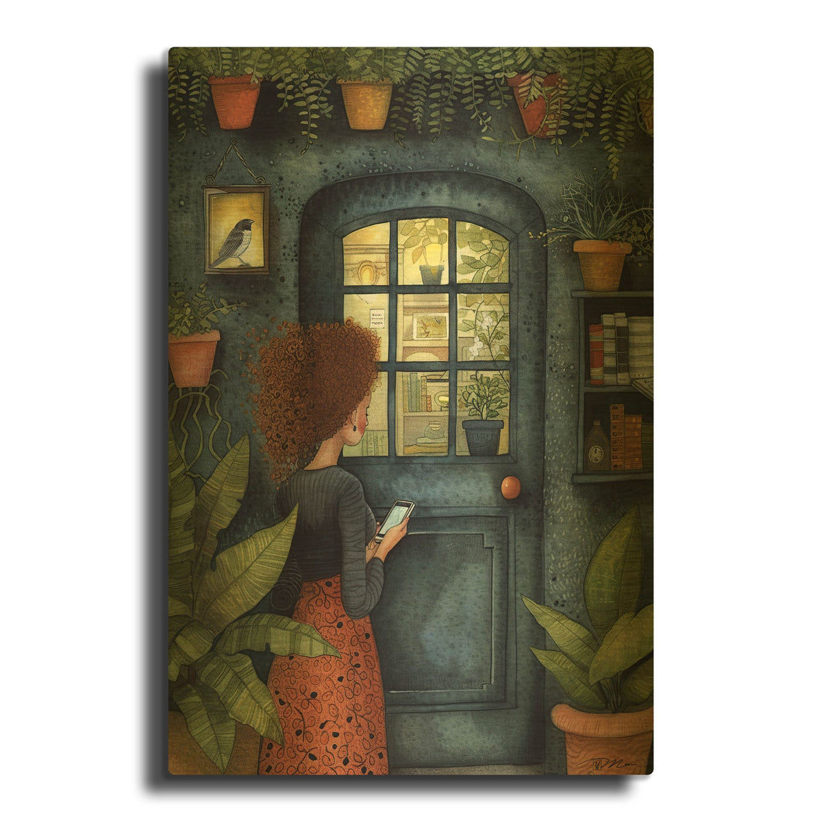 'Redhead Woman At Door 1' By Momart Gold Metal Wall Art